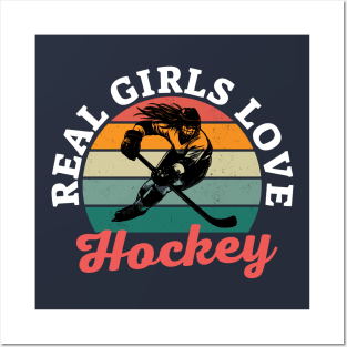 Retro Sunset Real Girls Love Hockey Posters and Art